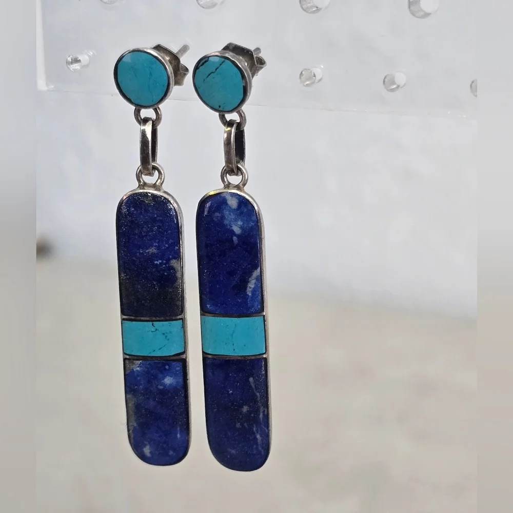 Vintage Native American Lapis & Turquoise Dangle Sterling Silver Earrings - Picture 3 of 5